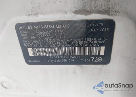 2015 Mitsubishi Mirage De из США, поврежденный, VIN ML32A3HJ5FH046960